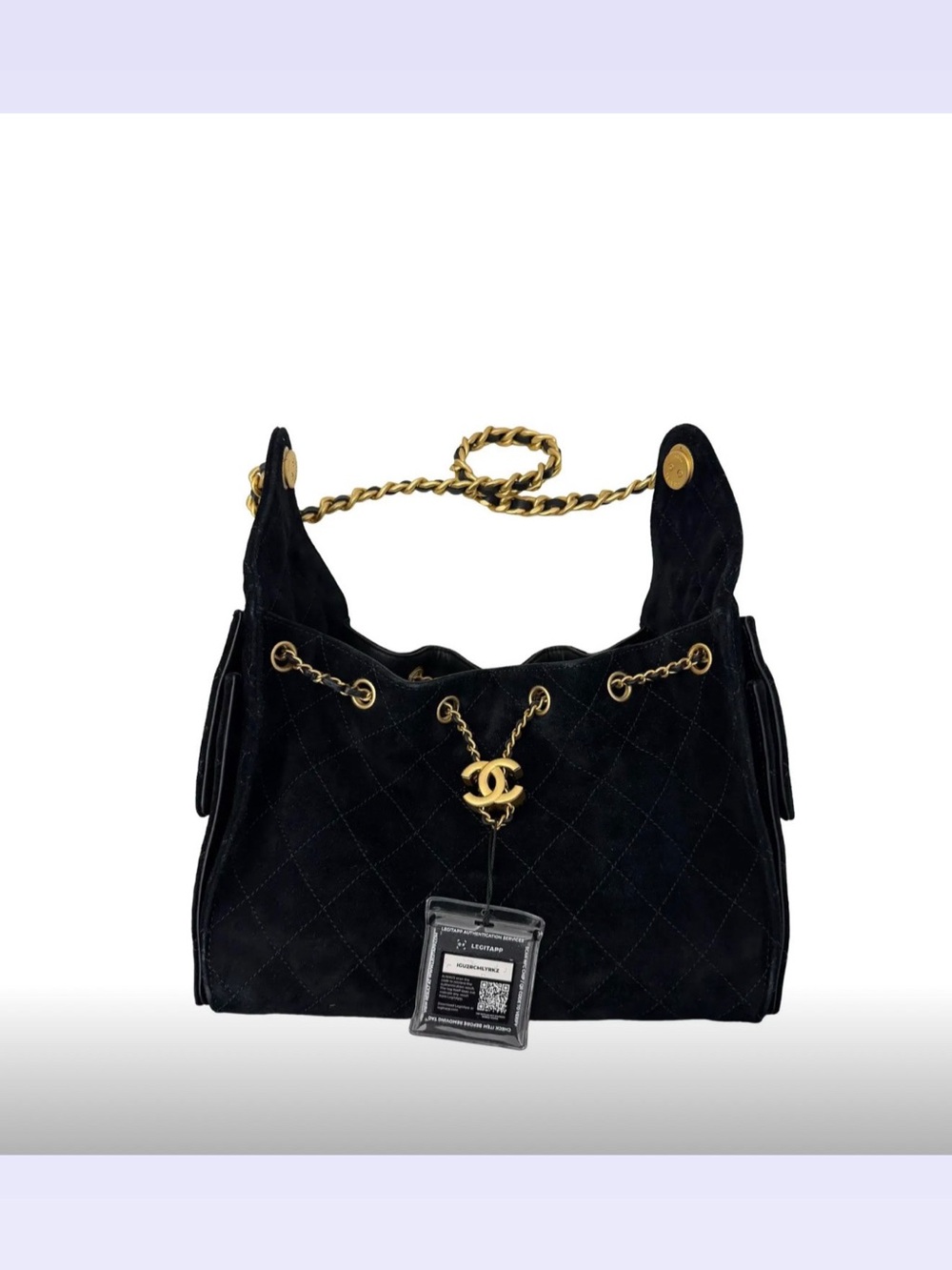 CHANEL 25 Small Black Quilted Suede Shoulder Bag with Gold Chain NIB